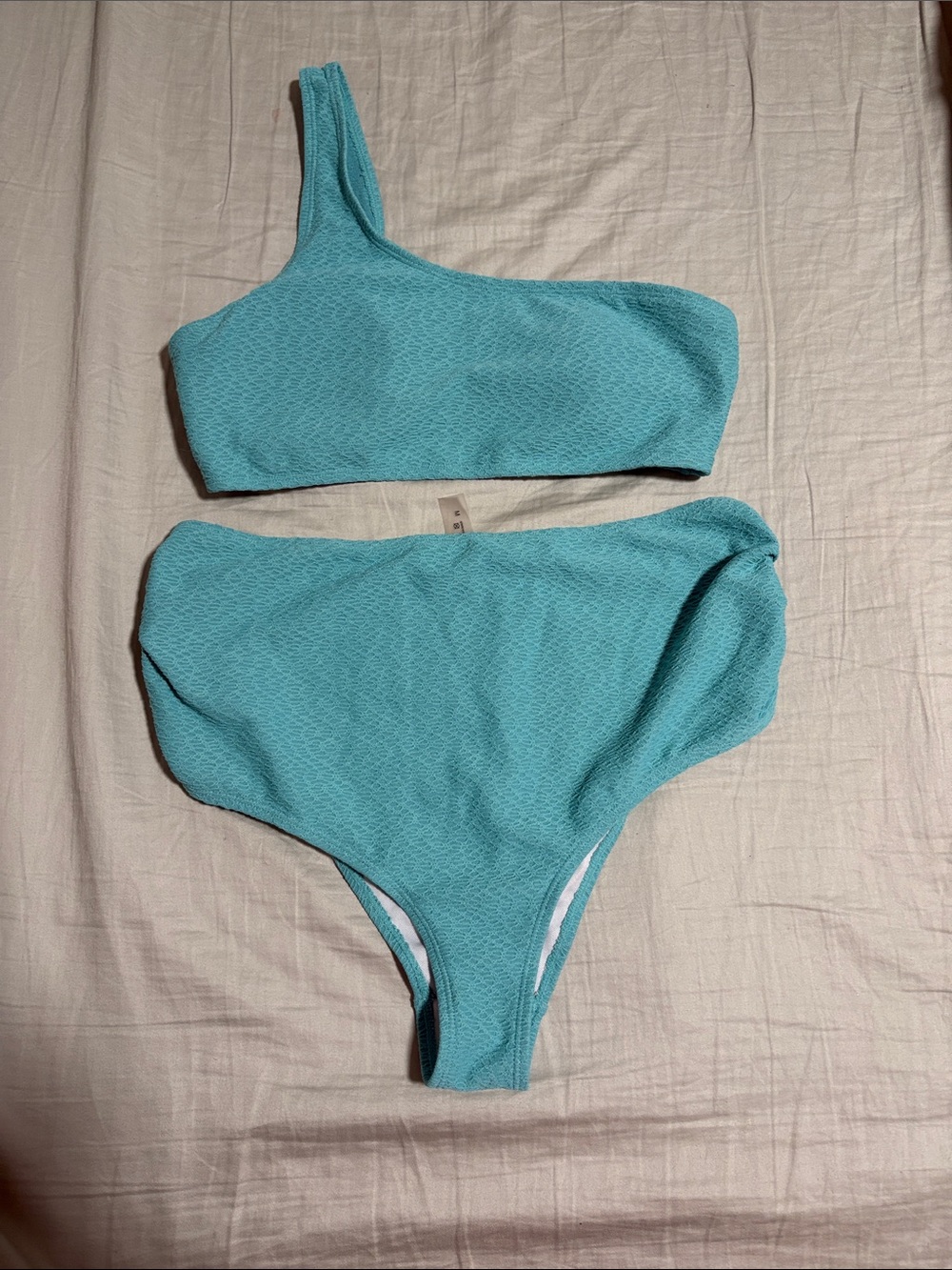 Women’s Maternity One-Shoulder High-Waist Bikini Set - Aqua Blue